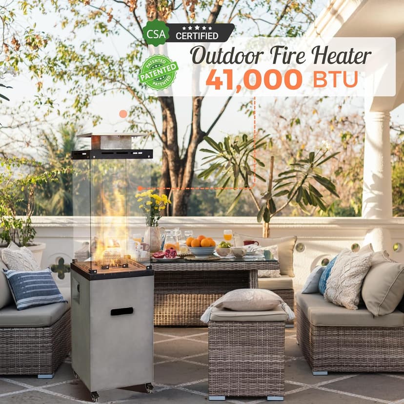 Afterglow Outdoor Patio Propane Fire Heater with Weather Cover Glass 41000 BTU Fireplace Patented & CSA Certificated, Cement Gray