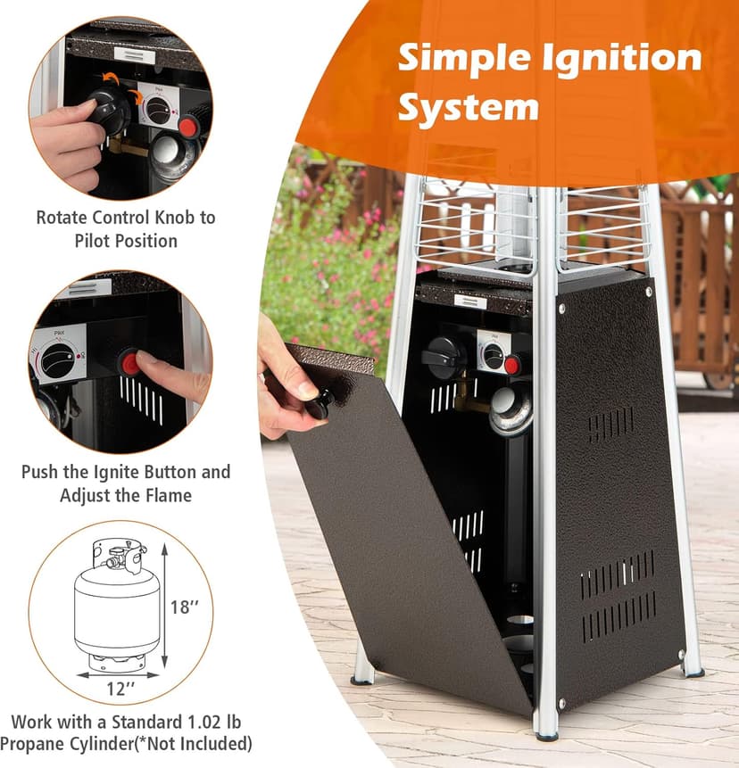 Tangkula Portable Patio Heater, 10,000 BTU Outdoor Tabletop Heater with Stainless Steel Burner, Tip-Over & Flameout Protection, 34" Pyramid Mini Outdoor Heaters for Patio, Porch, Deck (Bronze)
