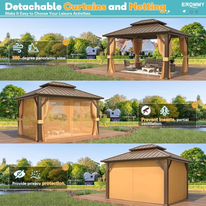 EROMMY 10' x 12' Hardtop Gazebo, Aluminum Frame Gazebos with Galvanized Steel Double Roof, Permanent Outdoor Metal Pavilion with Curtain and Netting for Patio, Lawn, Deck