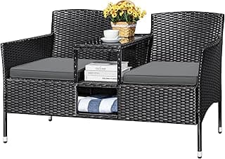 Devoko Outdoor Patio Loveseat Modern Rattan 2-Seat Patio Conversation Set with Cushions & Built-in Coffee Table Porch Furniture for Garden Lawn Backyard (Grey)