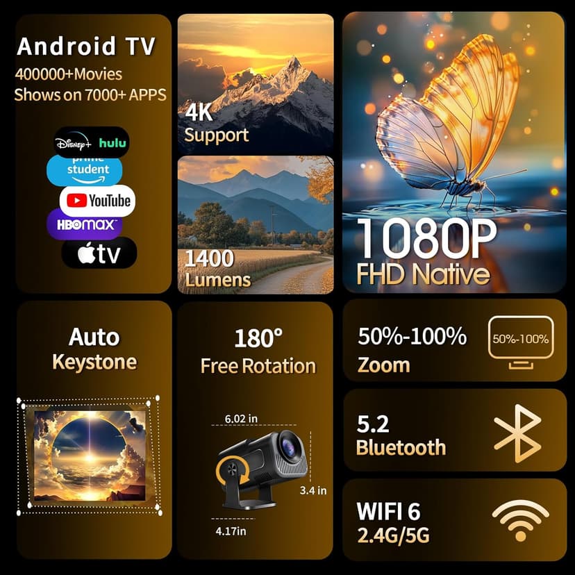Projector 1080P Full HD, 4K Projector with 180° Rotation, Built-in App Portable Projector WiFi 6 & Bluetooth 5.2 Support,Featuring Auto Keystone Correction,HDMI/USB Connectivity Projector Black