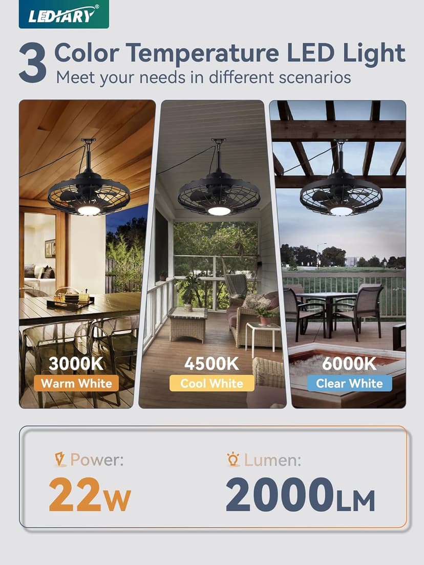 LEDIARY 20" Outdoor Ceiling Fans with Lights and Remote Control, Waterproof Caged Ceiling Fan with 3 Color LED Light,Portable Hanging Gazebo Fan with Plug in Cord Hook for Patios,Black
