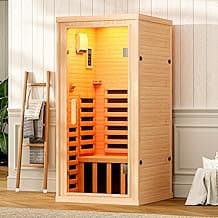 Albott Infrared Sauna Room, 1260W/110V Canadian Hemlock Wood 1 Person Infrared saunas for Home with 7 Color Therapy Lamp, LCD Control Panel, Foot Heater, Dual Bluetooth Speakers, 32.3x32.3x66.1inch