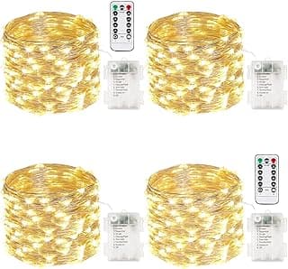 4 Pack 100 LED Fairy Lights Battery Operated with Remote, 33FT Waterproof Twinkle Lights with Timer & 8 Modes, Fairy String Light Outdoor Indoor for Bedroom Classroom DIY Christmas Decor (Warm White)