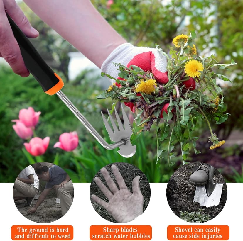 Weed Puller Tool Garden Weeding Pulling Tool– 13” Portable Gardening Weeder, 4 Teeth Manganese Steel Forged Hand Tool for Uprooting Weeds Remover Tool