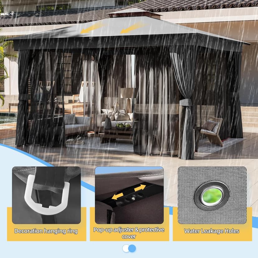YOLENY Outdoor 10'x13' Grey Patio Gazebo, Metal Frame Canopy with Double Roofs, Heavy Duty Pavilion with Curtains and Nettings for Deck, Lawn and Backyard