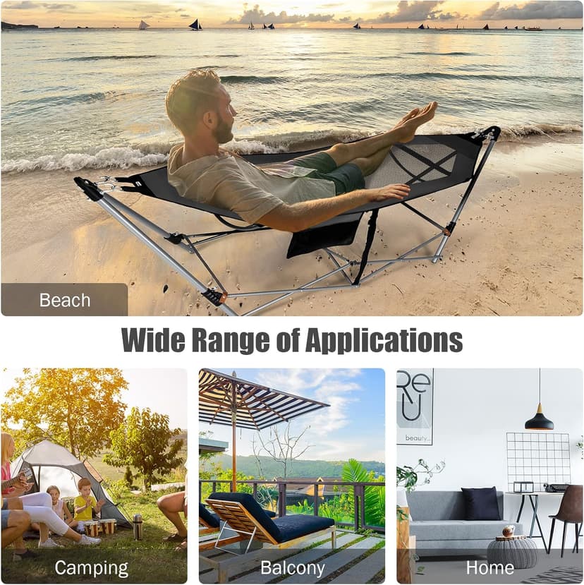 Portable Folding Hammock w/Side Pocket, Lounge Camping Bed w/Metal Stand & Anti-tip Buckles, Outdoor Camping Hammock with Carrying Bag for Patio Garden Yard, Easy Assembly (Grey)