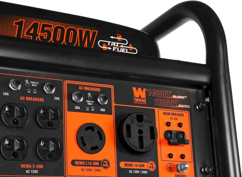 WEN 14,500-Watt 120V/240V Tri-Fuel Generator for Gas, Propane, and Natural Gas, Transfer-Switch Ready with Electric Start, Wheel Kit, and CO Watchdog (TF1450X)