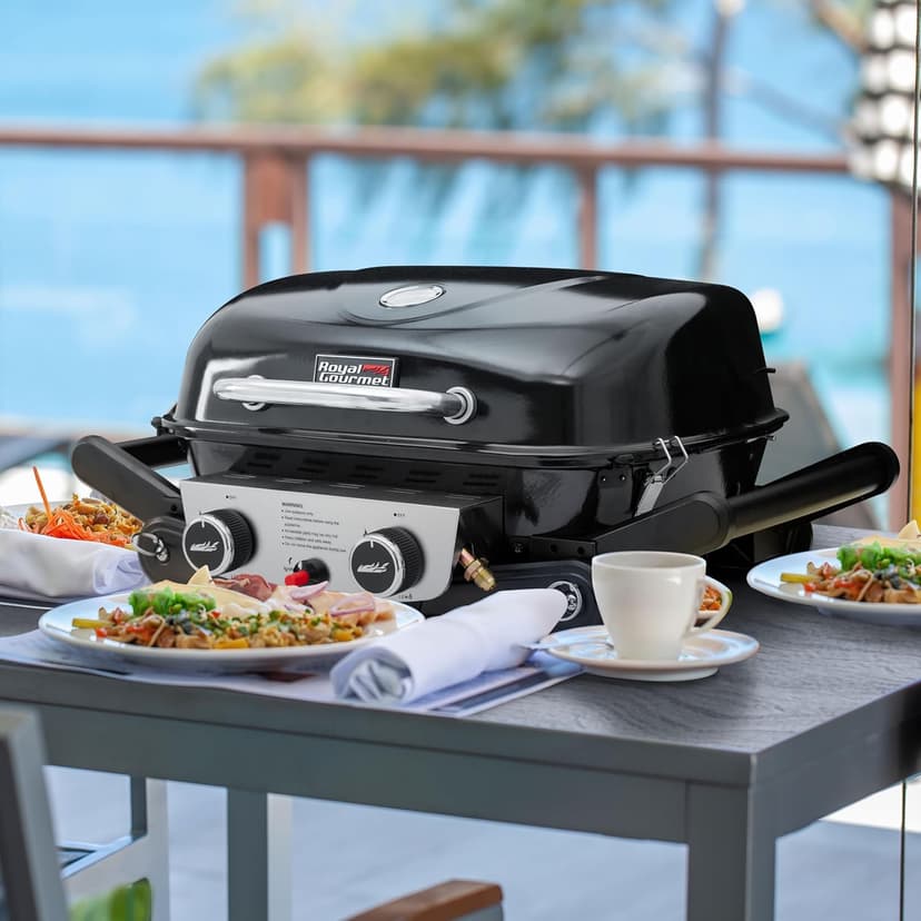 Royal Gourmet GT2005 2-Burner Portable Propane Gas Grill with Foldable Side Tables & Foldable Support Legs, Tabletop Gas Grill with Warming Rack for for Outdoor Cooking & Grilling, Black