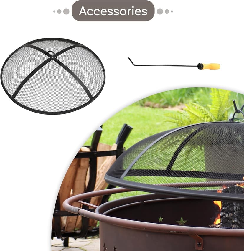 Sunnydaze Cosmic 42-Inch Large Outdoor Fire Pit - Wood-Burning Fire Pit with Round Spark Screen, Poker, and Built-in Grate