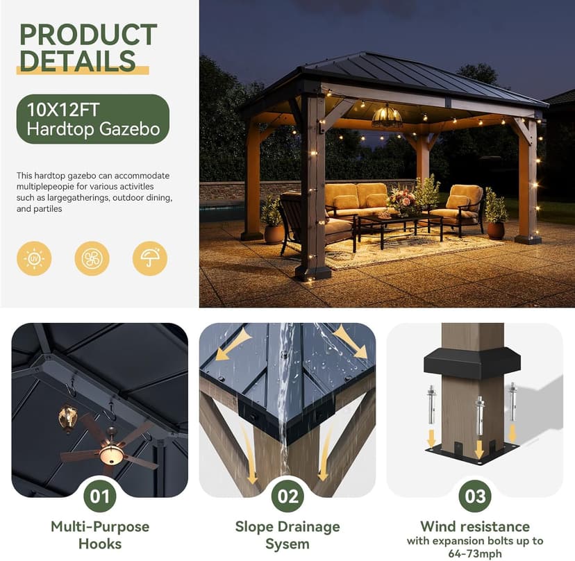 Aoxun 10' x 12' Outdoor Wood Gazebo, Hardtop Gazebo Permanent Wooden Pavilion with Galvanized Steel Roof, for Patio, Garden, Deck, Cedar Wood