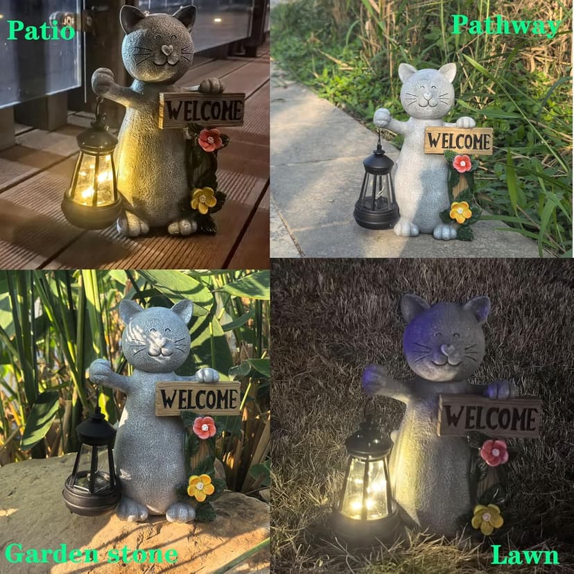Solar Cat Statue Outdoor Decor-9.4" Welcome Garden Sculpture with Solar Lantern &3D Flowers,Weatherproof Resin Yard Art for Patio, Lawn,Yard Outside,Birthday Gifts for Mom,Grandma,Cat Lovers