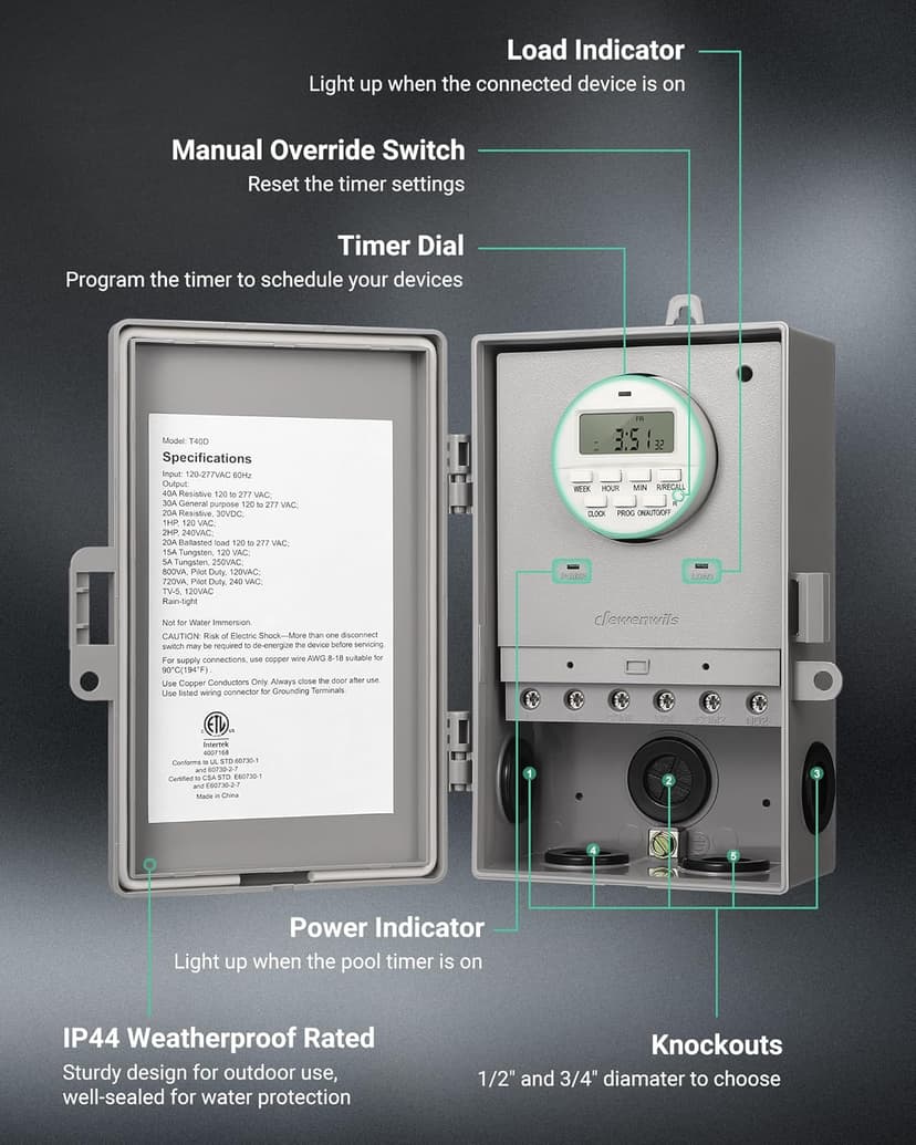 DEWENWILS Pool Pump Timer, Digital Timer Box, 2HP 40A 120-277 VAC, 7-Day 20 ON/Off Programmable Timer Switch for Water Heater, Pool Pump, SPA, Motor, ETL Listed Gray