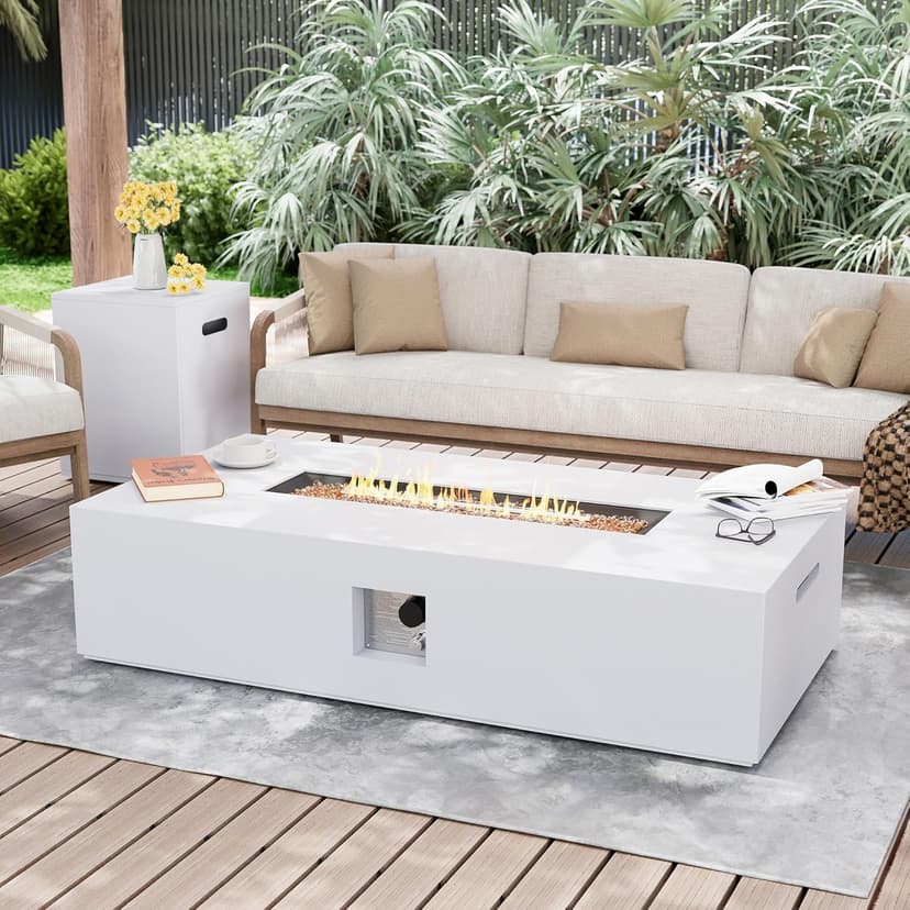 UPHA 56 inch Outdoor Gas Rectangle Fire Pit Table 50000 BTU Propane Iron Firepit for Outside Patio with Tank Cover, Removable Lid, Gold Reflective Glass, Lava Rocks, Rain Cover, White