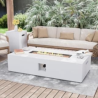 UPHA 56 inch Outdoor Gas Rectangle Fire Pit Table 50000 BTU Propane Iron Firepit for Outside Patio with Tank Cover, Removable Lid, Gold Reflective Glass, Lava Rocks, Rain Cover, White
