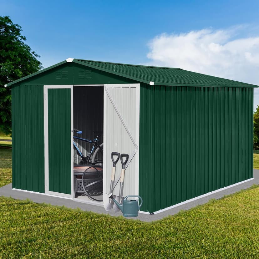 10x8 FT Metal Garden Sheds with Hinged Door and Padlock & Punched Vents,Aluminum Outdoor Storage Shed w/Eco-Friendly Painting,for Bike, Barbeque,Tool,Green+White
