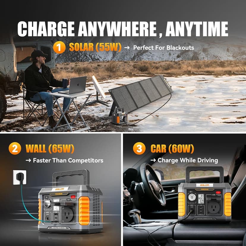 BALDR Portable Power Station, Solar Generator with 120V Pure Sine Wave AC Outlet, Backup Lithium Battery Power Supply, 330W | 288Wh, For CPAP Camping Travel Hunting Outdoors Emergency Blackout