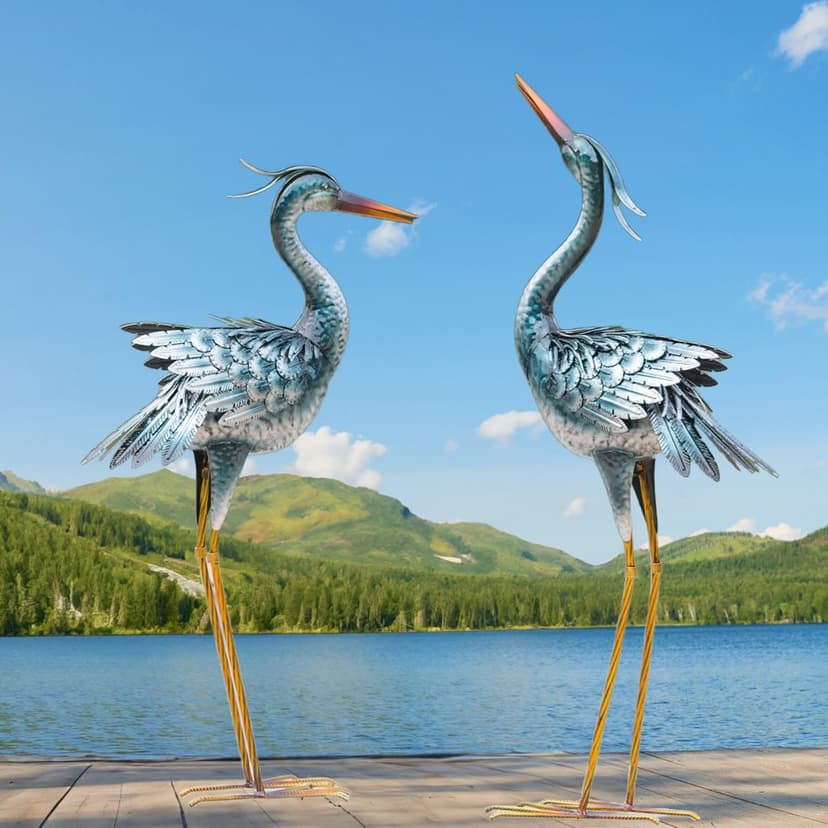 Chisheen Large Garden Crane Outdoor Sculptures, Metal Yard Art Heron Standing for Indoor Outdoor Decor, Bird Statues for Patio Lawn Porch Decorations, Set of 2