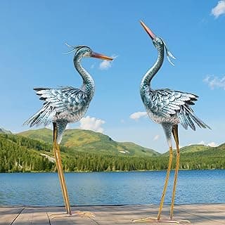 Chisheen Large Garden Crane Outdoor Sculptures, Metal Yard Art Heron Standing for Indoor Outdoor Decor, Bird Statues for Patio Lawn Porch Decorations, Set of 2