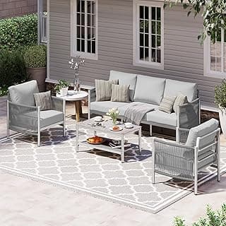 Aluminum Outdoor Patio Furniture Set, HDPE Rope 4 Piece Modern Sectional Conversation Sets with Dual-Layer Coffee Table, All Weather Patio Couch Set with Thick Cushions, Silver Frame, Silver