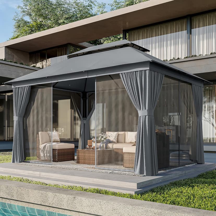 AOXUN Outdoor Gazebo for Patio 10x12, Metal Frame Canopy with Double Roofs, Heavy Duty Party Tent and Shelter with Mosquito Netting and Privacy Screen for Backyard, Lawn, Garden,Deck (Gray)