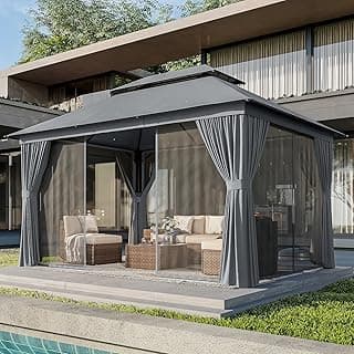 AOXUN Outdoor Gazebo for Patio 10x12, Metal Frame Canopy with Double Roofs, Heavy Duty Party Tent and Shelter with Mosquito Netting and Privacy Screen for Backyard, Lawn, Garden,Deck (Gray)