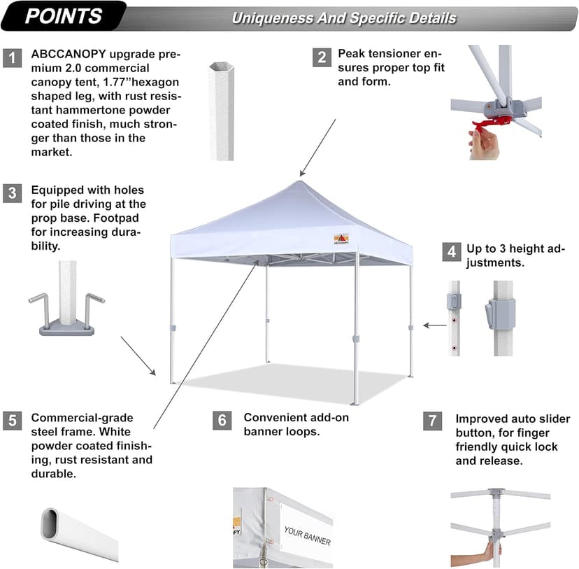 ABCCANOPY Commercial Pop Up Canopy Tent 10x10 Premium-Series, White