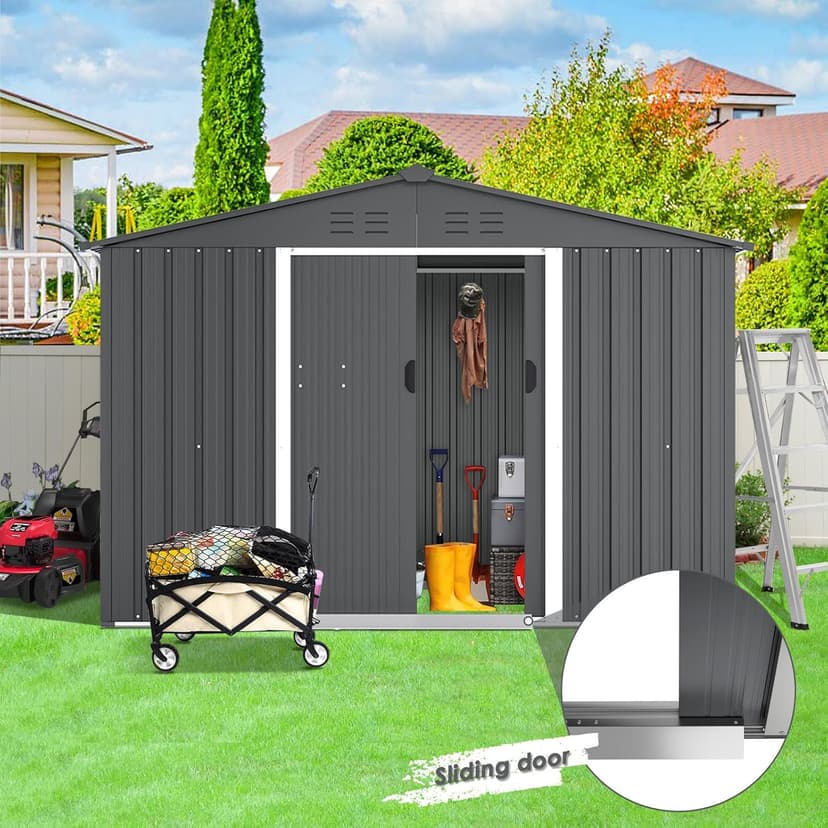 6x8 FT Outdoor Storage Shed, Metal Shed Kit with Double Doorknobs and Air Vents, Double Sloping Roof Garden Shed, Galvanized Shed with Sliding Door (Grey)
