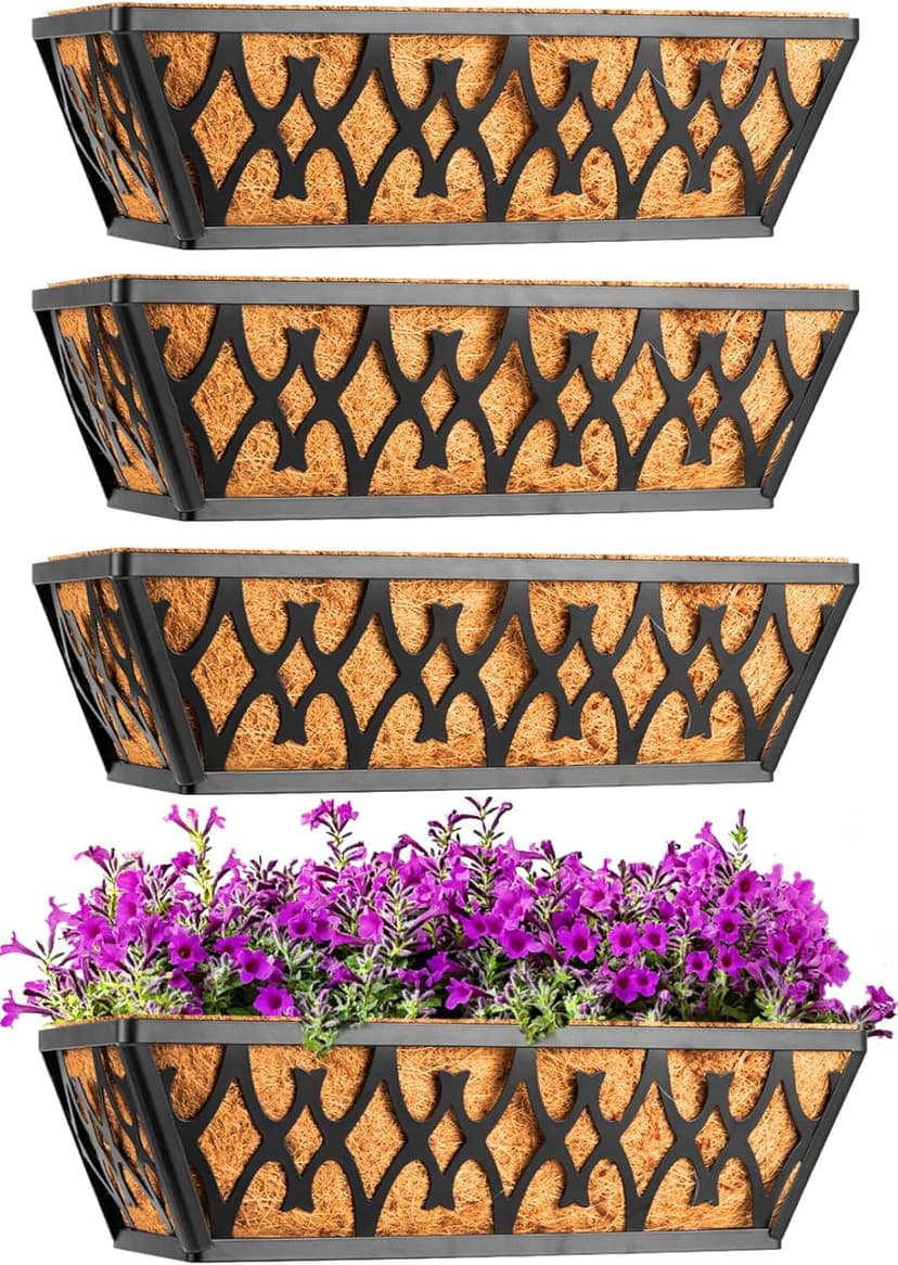4 Pack 12 Inch Window Boxes Planters Railing Planter Box with Coco Liners Deck Railing Planter Boxes Balcony Hanging Flower Box for Outdoor Plants Garden Decor