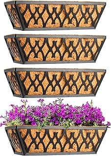 4 Pack 12 Inch Window Boxes Planters Railing Planter Box with Coco Liners Deck Railing Planter Boxes Balcony Hanging Flower Box for Outdoor Plants Garden Decor