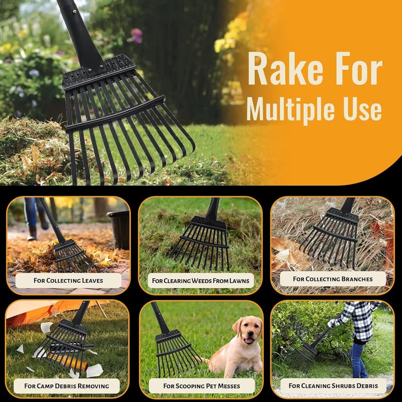 Small Garden Rake for Leaves,11 Tines Heavy Duty Metal Yard Hand Rake with 63in Long Adjustable Handle, Ideal Leaf Scoops Garden Tool for Gathering Leaves, Shrub,Poop, Leveling Grass,Flower Beds,Yards