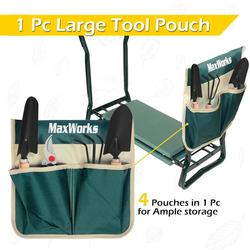 MaxWorks 50921 Folding Garden Kneeler Stool with 8 inch Wide Kneeling Pad, with 1 Tools Pouch for Planting and Gardening