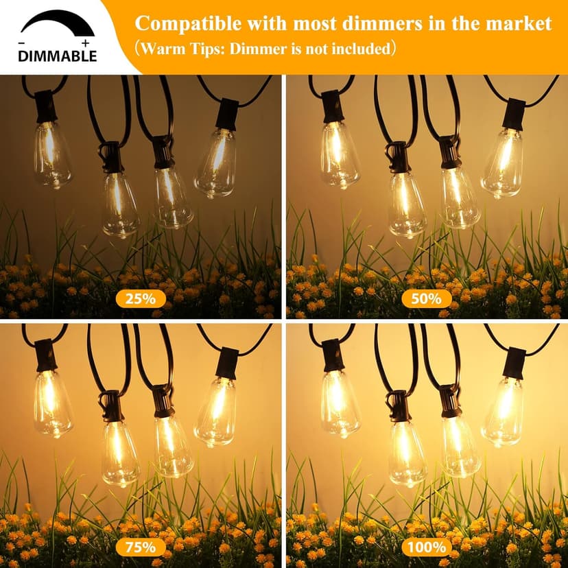Brightever LED Outdoor String Lights 100FT Patio Lights with 52 Shatterproof ST38 Vintage Edison Bulbs, Outside Hanging Light Waterproof for Porch, Deck, Garden, Backyard, Balcony, Dimmable 2700K