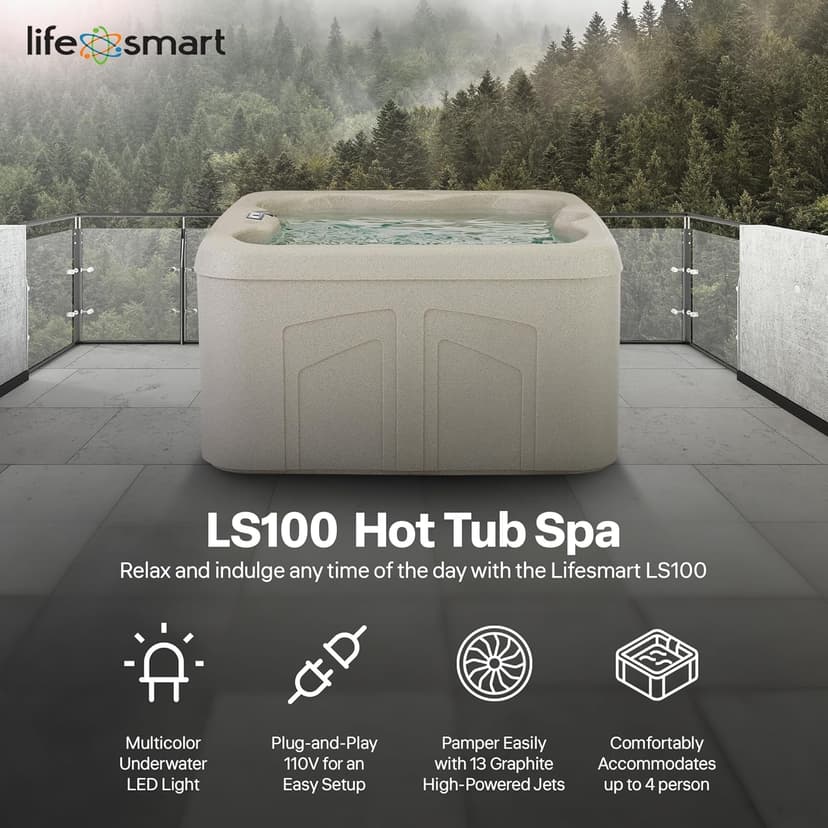 LifeSmart 4-Person Hot Tub, Outdoor Spa with Cover and LED Lights, Square, Beige - Above-Ground Spa Machine with Accessories for Home and Personal Relaxation