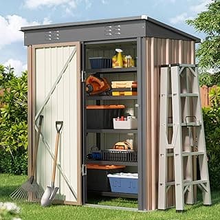 Bealife Outdoor Storage Shed Clearance, Metal Outdoor Storage Cabinet, Waterproof Tool Shed, Lockable Backyard Sheds for Garden, Patio and Lawn (Brown, 5' x 3')