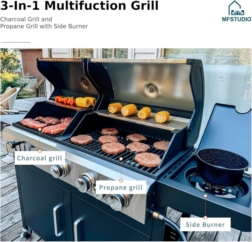 MFSTUDIO Gas and Charcoal Grill Combo with Side Burner, Porcelain-Enameled Cast Iron Grate, Extra Large Dual-Function BBQ Propane Smoker Grills for Outdoor Barbecue Cooking, 690 SQIN Cooking Area