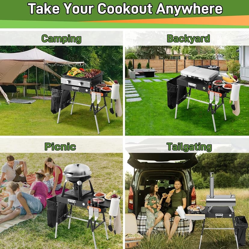 Grill Tables for Outside, Blackstone Griddle Stand with Trash Holder - Fit 17” or 22” Other Tabletop Grill, Folding Portable Ninja Grill Stand& Blackstone Table for Outdoor Tailgate, Camping