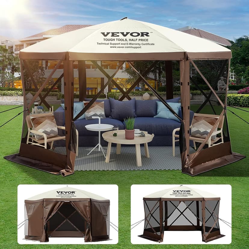 VEVOR Pop Up Gazebo Screen Tent, Pop-Up Instant Gazebo Tent with Mosquito Netting Outdoor Canopy, 6 Sided Sun Shelter 10x10ft with 6 Removable Wind Cloths & 2 Mesh Windows, Pavilion Tent for Patio