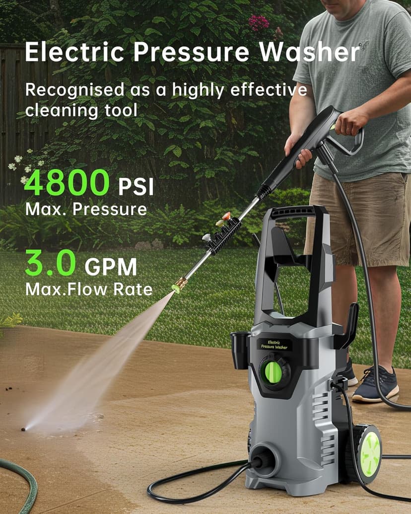 Pressure Washer, 4800PSI 3.0 GPM Max Electric Power Washer with Foam Cannon 48FT Total Long High Pressure Washer for Cars, Fences, Patios, Decks, Patios and Driveway Powerwasher