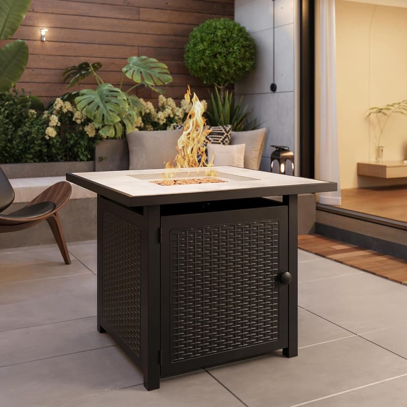 Gizoon 30" Propane Fire Pit Table 50,000 BTU, Outdoor Fire Pit Table with Lid & Lava Rock, CSA Certified Square Fire Tables for Outdoor Dining, Patio, Garden, or Backyard Gatherings