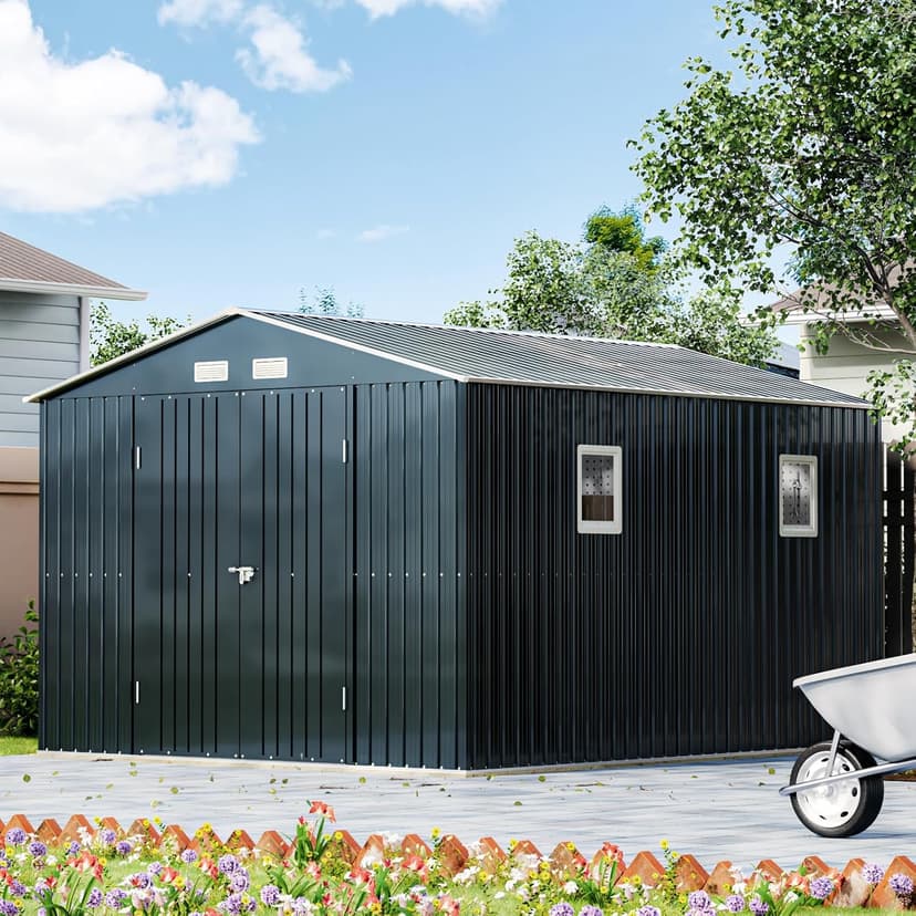 10X12X7.5 FT Outdoor Steel Storage Shed with Lockable Doors, 2 Windows, Transparent Roof Panels (Wood Panels & Frame Floor Not Included), Ideal for Patio Storage,Garbage Can, Chicken Coop