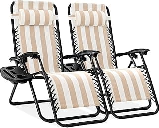 Best Choice Products Set of 2 Adjustable Steel Mesh Zero Gravity Lounge Chair Recliners w/Pillows and Cup Holder Trays - Tan Striped