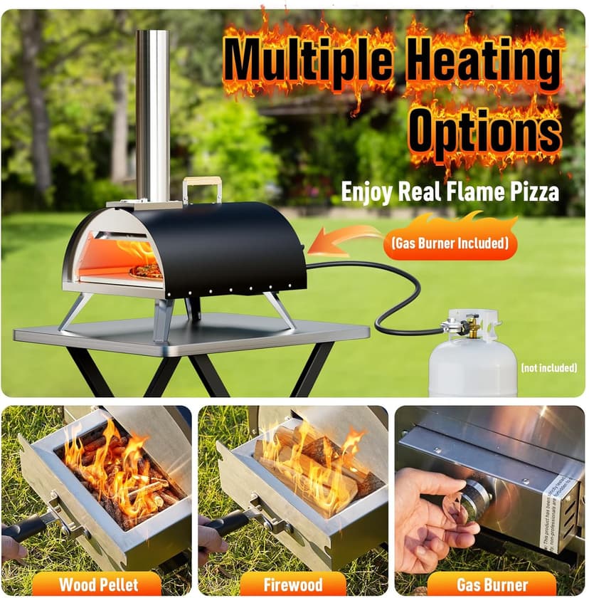 Multi-Fuel Pizza Oven Outdoor, 12" Portable Wood and Gas Fired Pizza Oven with Thermometer,Gas Hose & Pizza Stone,Heats up to 1000°F,Stainless Steel Pizza Oven for Backyard or Camping (Black)