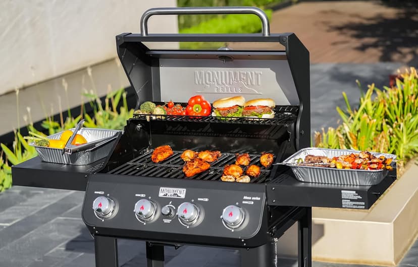 Monument Grills 4-Burner Liquid Propane Gas Grill, Matte Black Stainless Steel Burner Grill with Clearview® Lid and One Foldable Shelf for Outdoor Cooking Kitchen Patio Backyard Barbecue, Mesa420MF