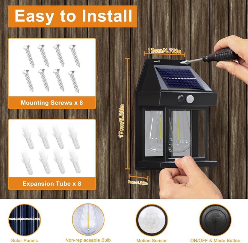 Outdoor Solar Wall Lights - 2 Pack Solar Waterproof Brighter Porch Wall Square Lights with 3 Modes & Motion Sensor Front Fence Lantern Lights for Outside,Backyard,Garage Decorative