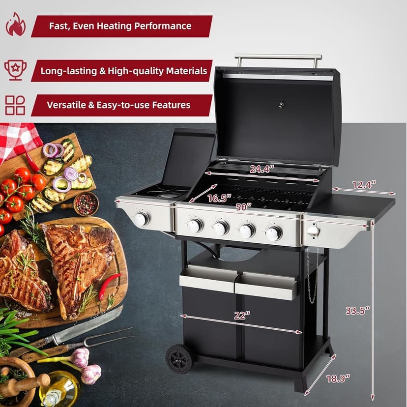 4-Burner Propane Gas Grill with Side Burner, Stainless Steel Spice Rack 542 Sq.In BBQ, 45,000 BTU Portable Propane Grill Output for Outdoor Cooking Kitchen, Barbecue Garden Patio Backyard
