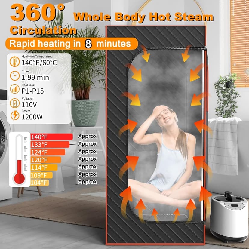 Portable Sauna for Home, Sauna Box Sauna Tent with 3L Steamer, Remote Control, Folding Chair and Foot Pad, Full Size Personal Steam Sauna for Home Spa, 15 Levels, Orange