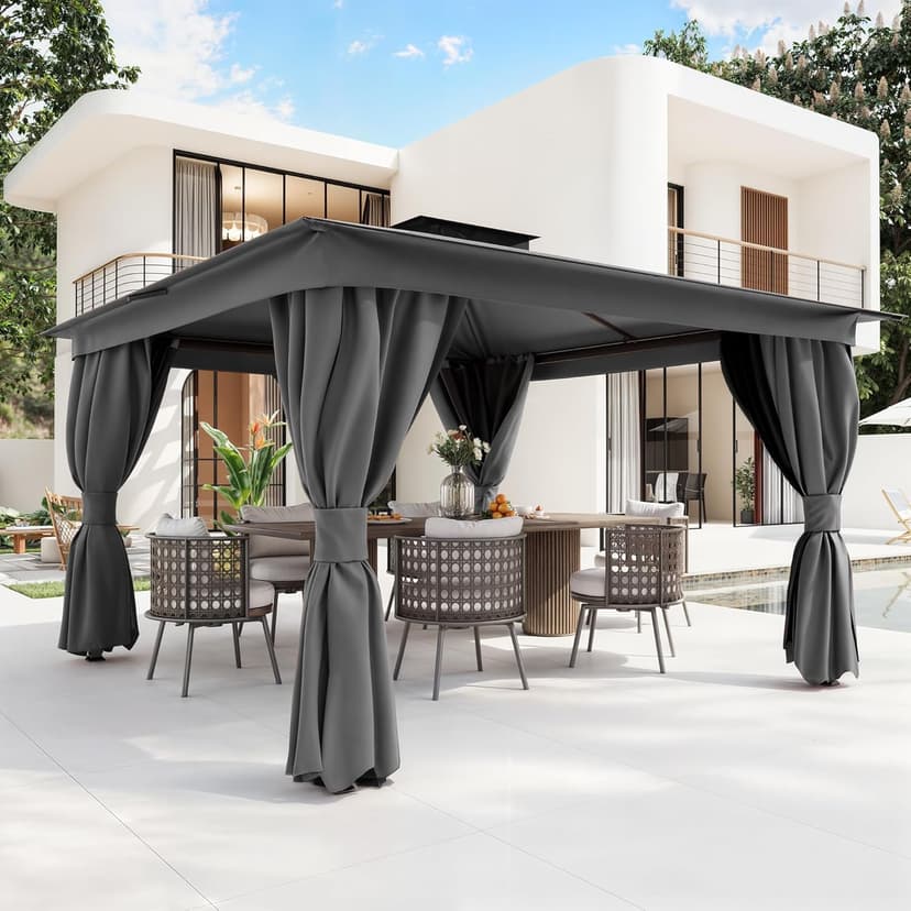 YOLENY Outdoor 10'x13' Grey Patio Gazebo, Metal Frame Canopy with Double Roofs, Heavy Duty Pavilion with Curtains and Nettings for Deck, Lawn and Backyard