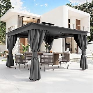 YOLENY Outdoor 10'x13' Grey Patio Gazebo, Metal Frame Canopy with Double Roofs, Heavy Duty Pavilion with Curtains and Nettings for Deck, Lawn and Backyard