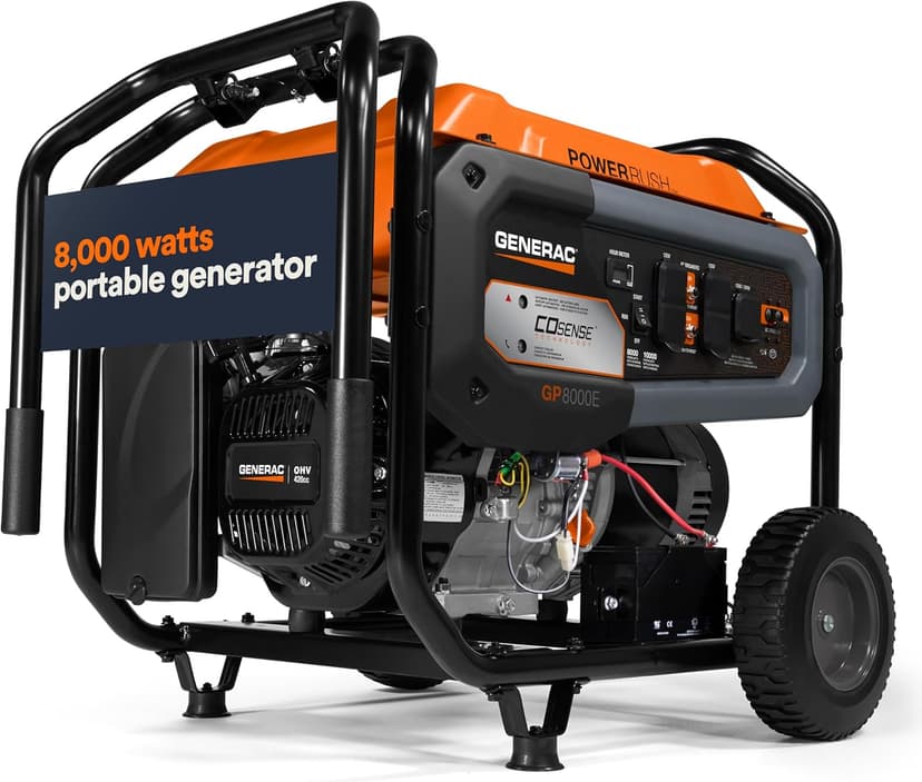 Generac 8,000-Watt Gas-Powered Portable Generator - Electric Start with COsense - PowerRush Advanced Technology - Reliable Power for Emergencies, Recreation, Home - 49 State Compliant - Orange/Black